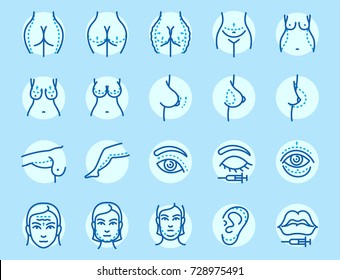 Plastic surgery body parts face correction infographic icons anaplasty medicine skin treatment beauty health procedure vector illustration