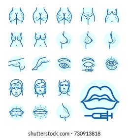Plastic surgery body parts face correction infographic icons anaplasty medicine skin treatment beauty health procedure vector illustration