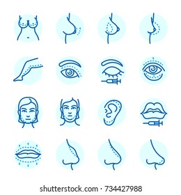 Plastic surgery body parts face correction infographic icons anaplasty medicine skin treatment beauty health procedure vector illustration