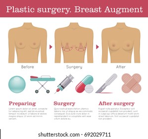Plastic surgery breast augmentation infographic. Scheme of surgical breast augmentation before and after and medical equipment. Correction of bust size in the form of a vector illustration