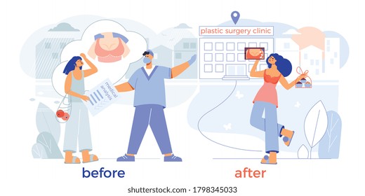 Cirugía plástica aumento de la extensión de las mamas antes de la composición plana con el paciente feliz cirujano clínico de entrada ilustración vectorial 