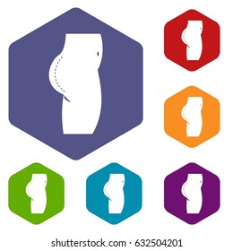 Plastic surgery of buttocks icons set hexagon isolated vector illustration