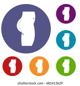 Plastic surgery of buttocks icons set in flat circle red, blue and green color for web