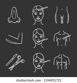 Plastic surgery chalk icons set. Rhinoplasty, facelift, arm lift, cheek surgery, coolsculpting, scalpel and clamp, thigh plastic, blepharoplasty. Isolated vector chalkboard illustrations