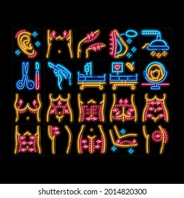Plastic Surgery Clinic neon light sign vector. Glowing bright icon  Scissors And Scalpel Doctor Instrument, Breast And Abdomen Tightening Plastic Surgery Illustrations