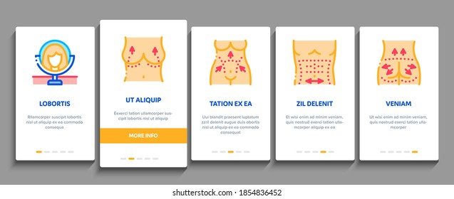 Plastic Surgery Clinic Onboarding Mobile App Page Screen Vector. Scissors And Scalpel Doctor Instrument, Breast And Abdomen Tightening Plastic Surgery Color Illustrations