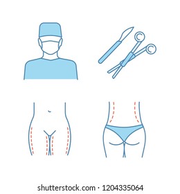 Plastic surgery color icons set. Surgeon, surgical scalpel and clamp, thigh lift, waist correction surgery. Isolated vector illustrations
