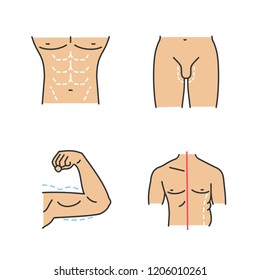 Plastic surgery color icons set. Male body contouring, penis enlargement, arm lift surgery, men coolsculpting. Isolated vector illustrations