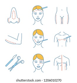 Plastic surgery color icons set. Rhinoplasty, facelift, arm lift, cheek surgery, coolsculpting, scalpel and clamp, thigh plastic, blepharoplasty. Isolated vector illustrations