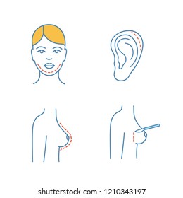 Plastic surgery color icons set. Double chin removal, otoplasty, breast augmentation, mammoplasty. Isolated vector illustrations