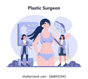 Plastic surgery concept. Idea of body correction. Breast implant and liposuction surgery. Modern beauty procedure. Vector illustration in cartoon style