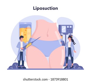 Plastic surgery concept. Idea of body correction. Liposuction surgery. Modern beauty procedure on female silhouette. Vector illustration in cartoon style