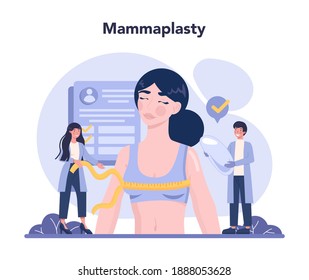 Plastic surgery concept. Idea of body correction. Breast implant or mammaplasty surgery. Modern beauty procedure. Vector illustration in cartoon style