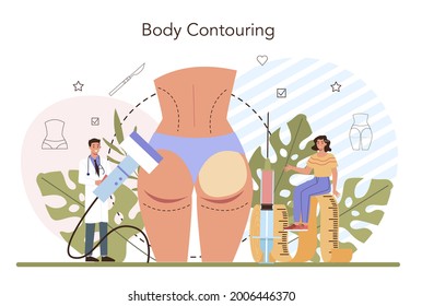 Plastic surgery concept. Idea of modern body correction and counturing. Gluteoplasty procedure, butt implant surgery. Flat vector illustration