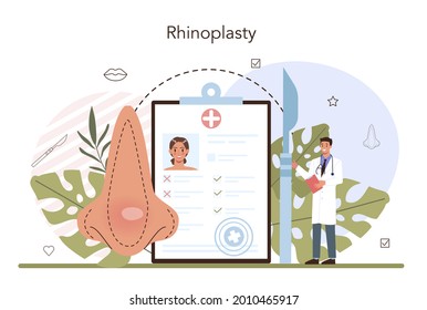 Plastic surgery concept. Idea of modern face aesthetic medicine. Lifting and anti-aging beauty procedure. Rhinoplasty surgery. Vector illustration in cartoon style