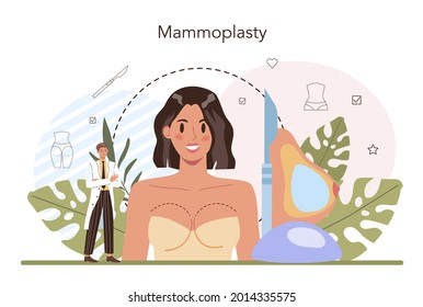 Plastic Surgery Concept. Idea Of Modern Body Correction And Counturing. Mammaplasty Procedure, Chest Implant Surgery. Flat Vector Illustration