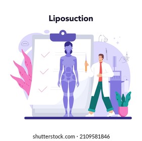 Concepto de cirugía plástica. Idea de la medicina estética moderna. Liposucción y procedimiento de belleza para elevación del cuerpo. Ilustración vectorial en estilo de caricatura
