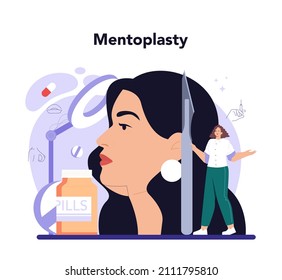 Plastic surgery concept. Idea of modern face aesthetic medicine. Mentoplasty, lifting beauty procedure.. Vector illustration in cartoon style