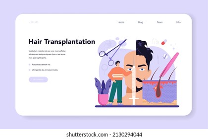 Plastic surgery concept. Idea of modern aesthetic medicine. Hair transplantation. Patient before and after the procedure. Male hair loss treatment. Vector illustration in cartoon style