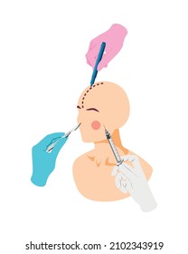 Plastic surgery concept isometric icon with surgeons hands drawing marks on female head holding instruments vector illustration