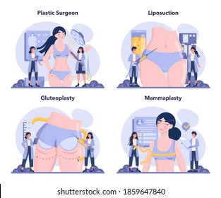 Plastic surgery concept set. Idea of body correction. Breast implant and liposuction surgery. Modern beauty procedure. Vector illustration in cartoon style