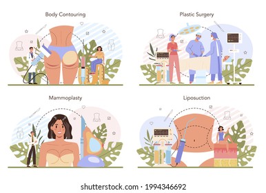 Plastic surgery concept set. Idea of modern body correction and counturing. Mammaplasty and gluteoplasty procedure, liposuction surgery. Flat vector illustration