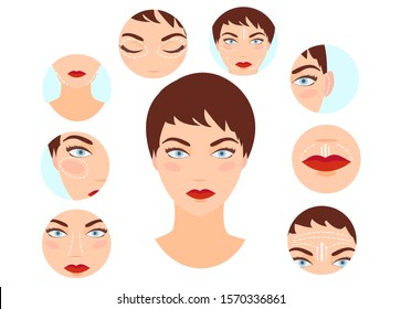 Plastic surgery concept. Vector of a woman with rhinoplasty, face lifting, blepharoplasty, otoplasty procedures done 