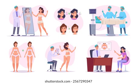Plastic surgery. Conceptual set of body cosmetic medical renovation stages exact vector cartoon set