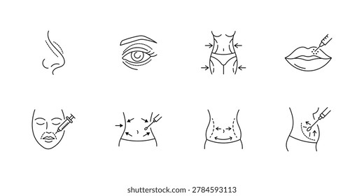 Plastic Surgery and Cosmetic Procedures Icon Set, Line Art Symbols for Rhinoplasty, Liposuction, Fillers, and Body Contouring