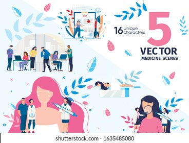 Plastic Surgery And Dermatologist Service, Health Problems, Virus Infection In Office, Healthy Nutrition, Dieting Trendy Flat Vector Scenes, Concepts Set. Doctors And Patients Characters Illustrations