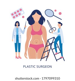 Plastic surgery design concept with cartoon characters of doctors and patient. Cosmetic surgery of face and body flat vector illustration isolated on white background.