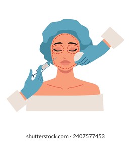 Plastic surgery design concept, female face, cartoon style vector illustration isolated on white background. Woman, plastic surgeon patient, doctor hands with medical instruments, appearance changes