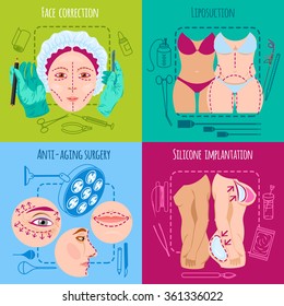 Plastic surgery design concept set with face and body correction icons isolated vector illustration