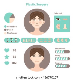 Plastic surgery design concept set with woman face in flat style.  correction icons isolated vector illustration