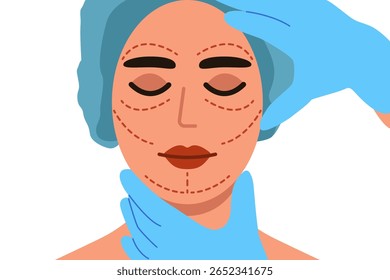Conceito de design de cirurgia plástica com rosto de menina jovem e mãos médicas 