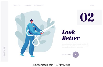 Plastic Surgery Doctor Character in Uniform Holding Huge Scissors in Hands. Beauty and Healthcare Concept for Medical Clinic Website Landing Page, Web Page. Cartoon Flat Vector Illustration, Banner