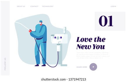 Plastic Surgery Doctor in Uniform Holding Liposuction Machine Tool in Hands. Beauty and Healthcare Concept for Medical Clinic Website Landing Page, Web Page. Cartoon Flat Vector Illustration, Banner