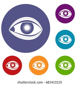 Plastic surgery of eye icons set in flat circle red, blue and green color for web