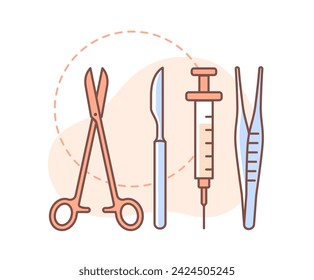 Plastic surgery face doodle. Beauty treatment and skin care. Tools for antiaging procedures. Scalpel, syringe with drug and scissors. Linear flat vector illustration isolated on white background