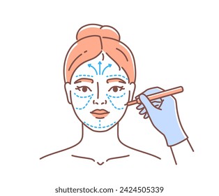 Doodle facial de cirugía plástica. Mujer con procedimientos antiedad. Tratamiento de belleza y cuidado de la piel. Elemento gráfico para el sitio web. Ilustración de vector plana lineal aislada sobre fondo blanco