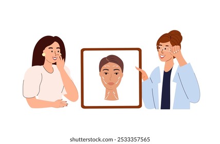 Plastic surgery of the face transformation.A doctor consulting,shows facelift and rejuvenation cosmetic facelift result,cheek,neck contour.Preparation for plastic surgery.Flat Vector Illustration