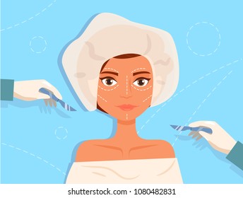 Plastic surgery Facial Vector. Cartoon. Isolated art on blue background. Flat
