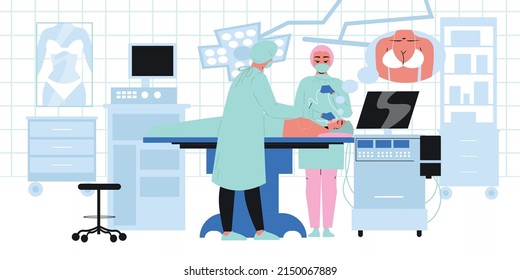 Plastic Surgery Flat Composition With Woman On Operating Table During Breast Transplantation Vector Illustration