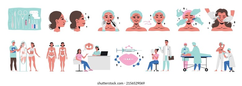 Plastic surgery flat icons set with facial cosmetology scenes isolated vector illustration