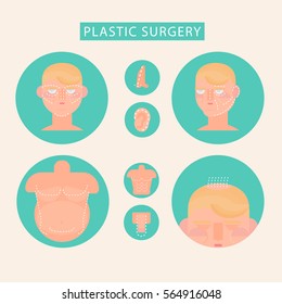 Plastic surgery flat icons set. Care body cosmetic, beauty. Vector illustration