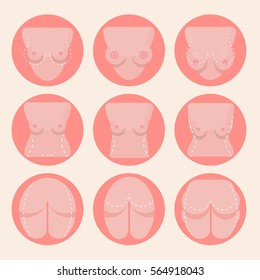 Plastic surgery flat icons set. Care body cosmetic, beauty. breast lift and buttocks. Vector illustration