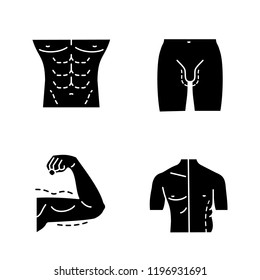 Plastic surgery glyph icons set. Male body contouring, penis enlargement, arm lift surgery, men coolsculpting. Silhouette symbols. Vector isolated illustration