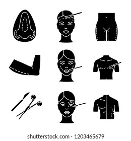 Plastic surgery glyph icons set. Rhinoplasty, facelift, arm lift, cheek surgery, coolsculpting, scalpel and clamp, thigh plastic, blepharoplasty. Silhouette symbols. Vector isolated illustration
