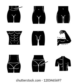 Plastic surgery glyph icons set. Tummy tuck, waist, thigh, buttock correction surgery, penis enlargement, coolsculpting, gynecomastia. Silhouette symbols. Vector isolated illustration