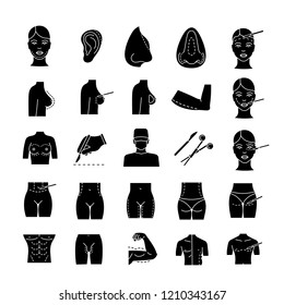Plastic surgery glyph icons set. Facial surgery. Face and body surgical lifting. Male and female body contouring and correction. Liposuction. Silhouette symbols. Vector isolated illustration
